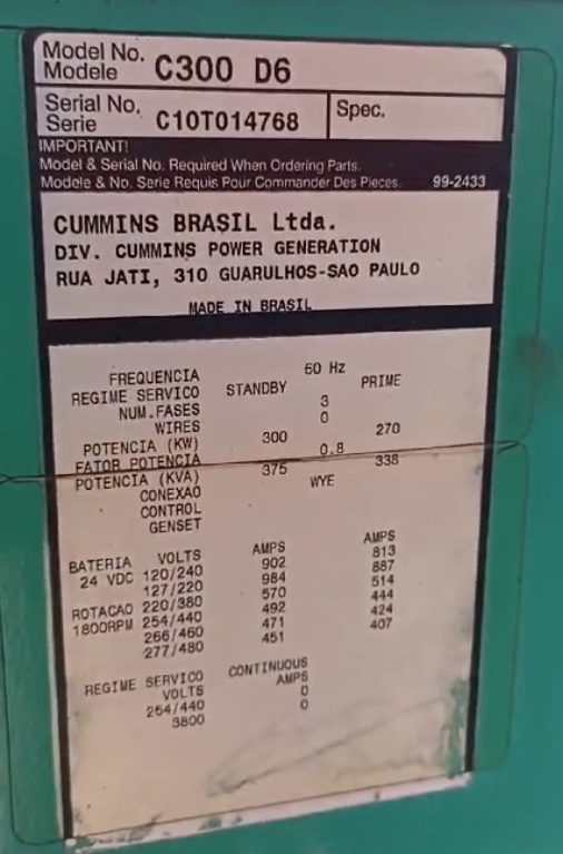 GRUPO GERADOR CUMMINS 375kva, RECIFE