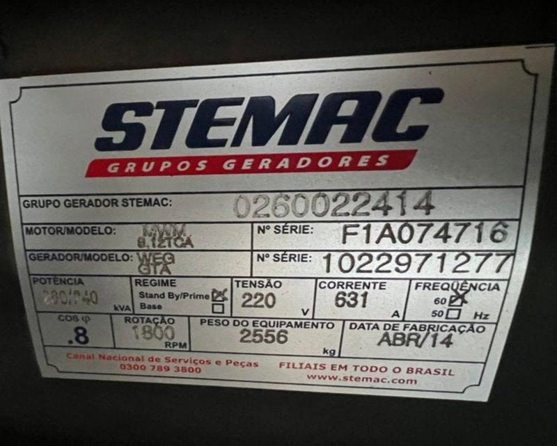 GRUPO GERADOR STEMAC 100 kVA,  MWM/WEG, RJ