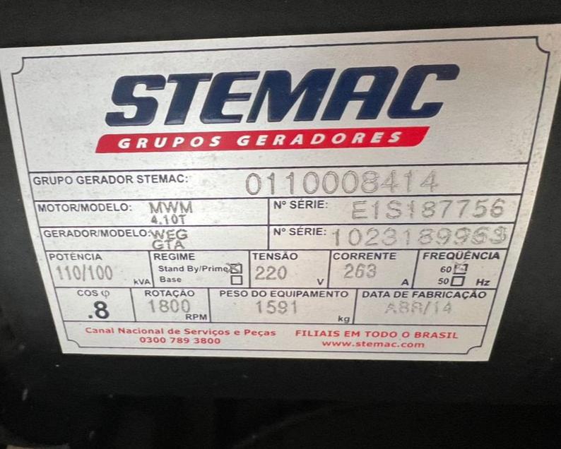 GRUPO GERADOR STEMAC 100 kVA,  MWM/WEG, RJ